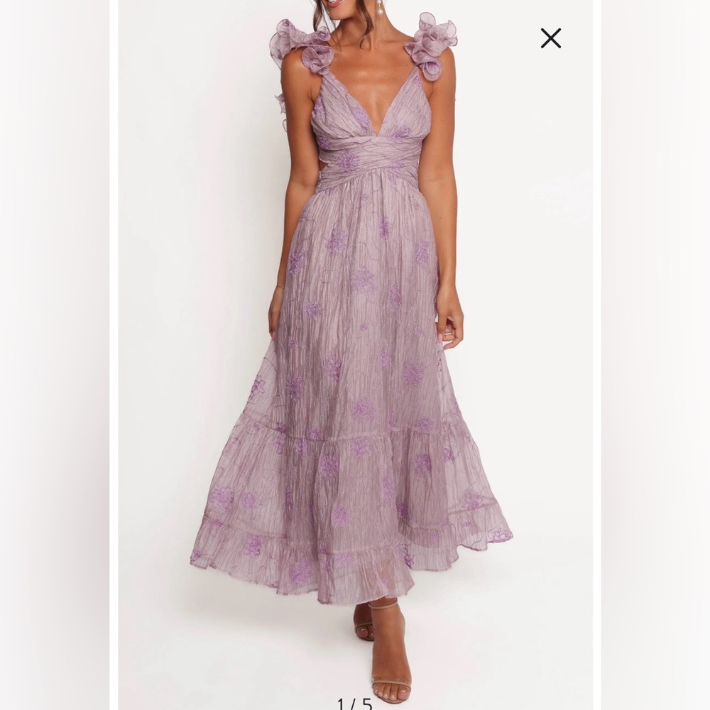 Petal & Pup Lilac Ruffle-Shoulder Maxi Dress